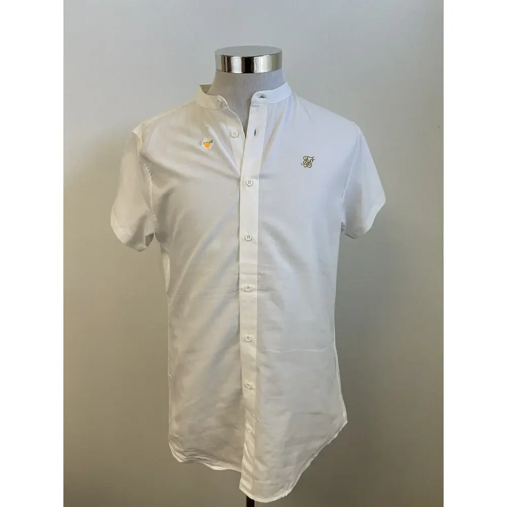 SikSilk Shirt Mens Medium Button Up Solid White Sik Silk Short Sleeve Cotton N38